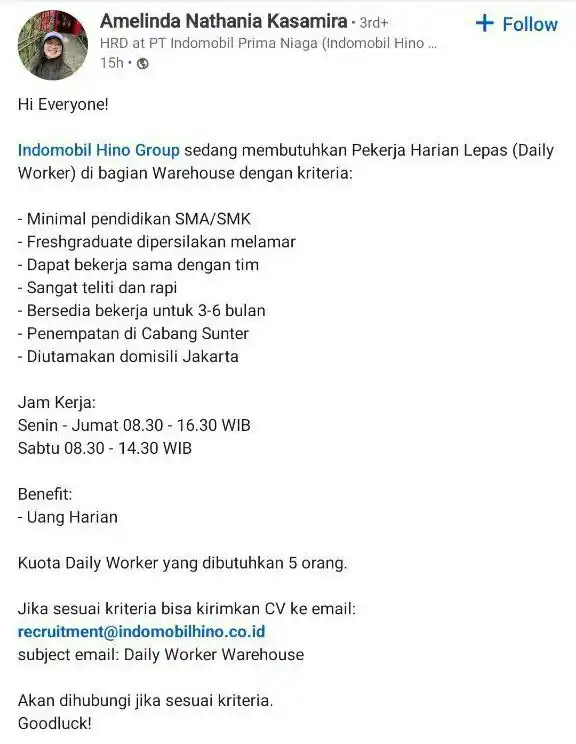 Image from LOWONGAN PEKERJAAN JABODETABEK - KARAWANG: recruitment@indomobilhino.co.id Subjek: daily worker warehouse...