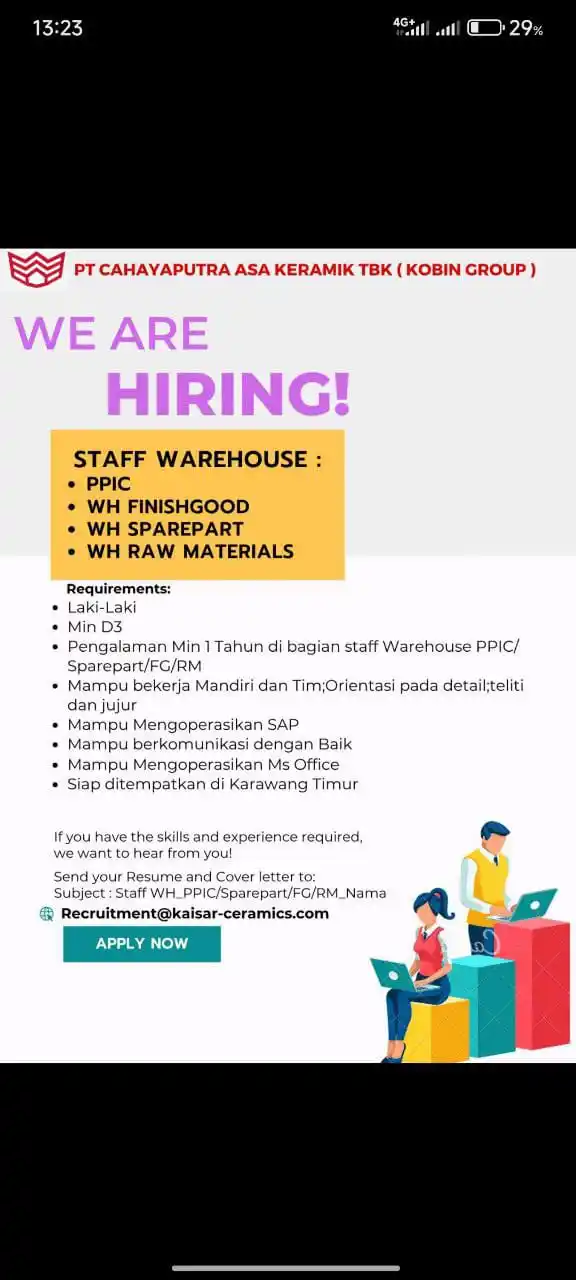 Image from LOWONGAN PEKERJAAN JABODETABEK - KARAWANG: recruitment@kaisar-ceramics.com Subjek: posisi_nama...