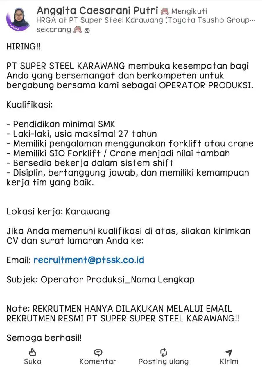 Image from LOWONGAN PEKERJAAN JABODETABEK - KARAWANG: recruitment@ptssk.co.id Subjek: operator produksi_nama...