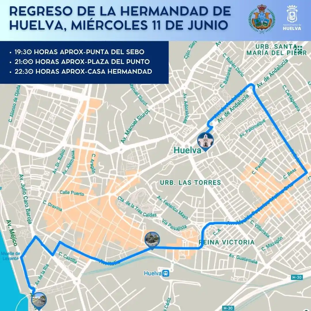 Image from Ayuntamiento de Huelva : 🟦 Aproximadamente, sobre las 19.30 horas, está prevista la llegada a ...