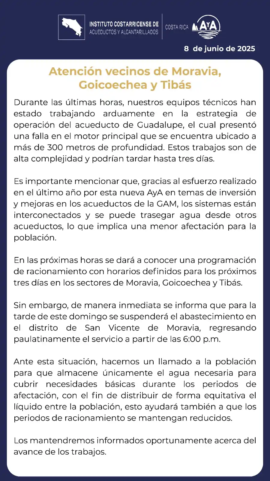Image from AyA_Noticias: 🚨 Atención vecinos de Moravia, Goicoechea y Tibás...