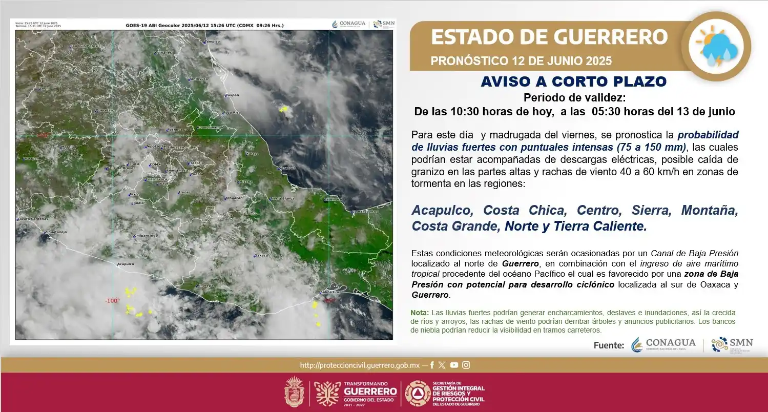 Image from Protección Civil Guerrero: *🌧️⚠️ ¡Aviso a Corto Plazo ⚠️🌧️*  _🕙 Vigencia: Desde hoy a las 10:3...
