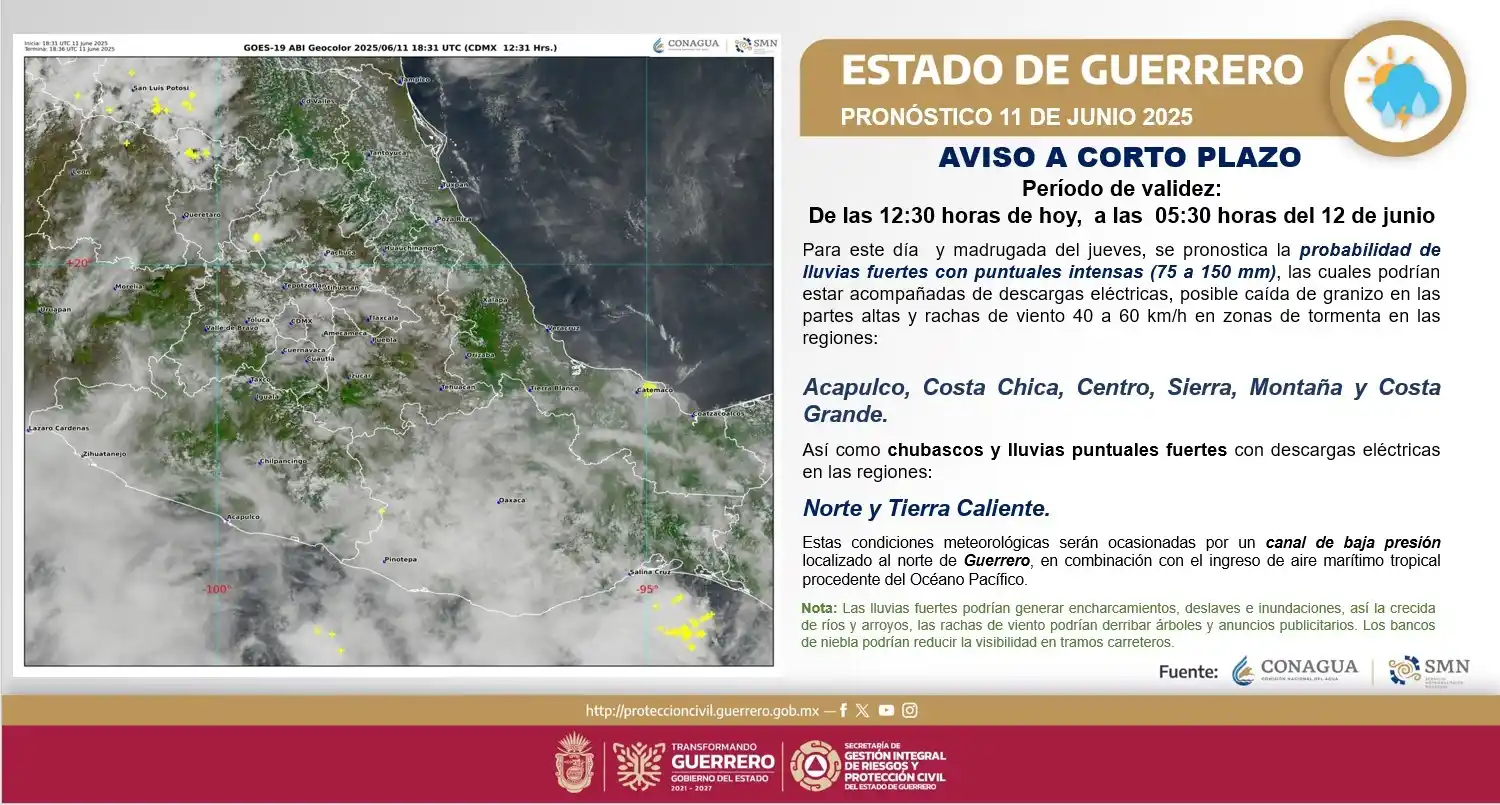 Image from Protección Civil Guerrero: *🌧️ AVISO A CORTO PLAZO* _🕐 Vigente desde hoy 12:30 p.m. hasta las ...