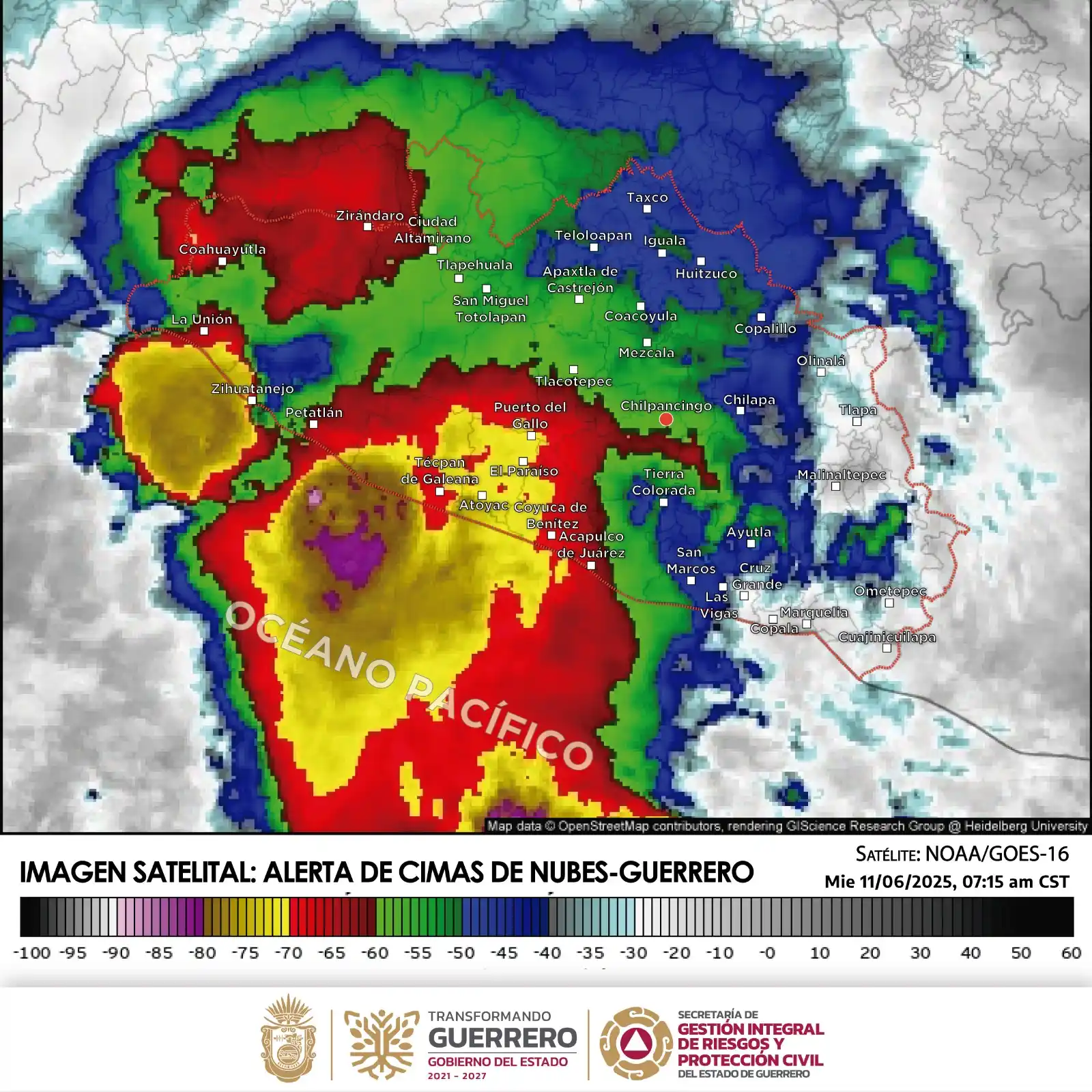 Image from Protección Civil Guerrero: BOLETÍN METEOROLÓGICO GENERAL DEL 11 DE JUNIO DE 2025 Hora de emisión:...