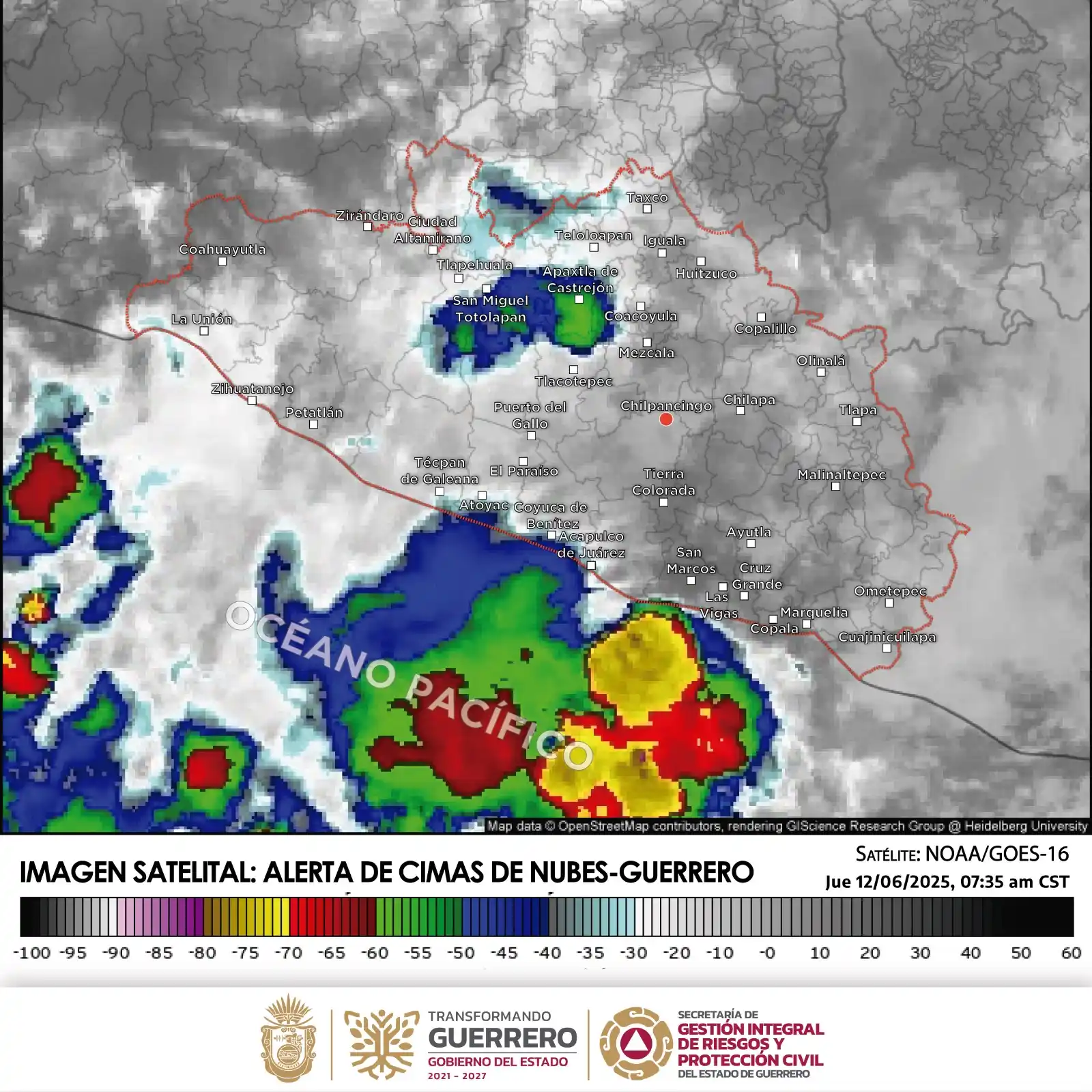 Image from Protección Civil Guerrero: BOLETÍN METEOROLÓGICO GENERAL DEL 12 DE JUNIO DE 2025 Hora de emisión:...
