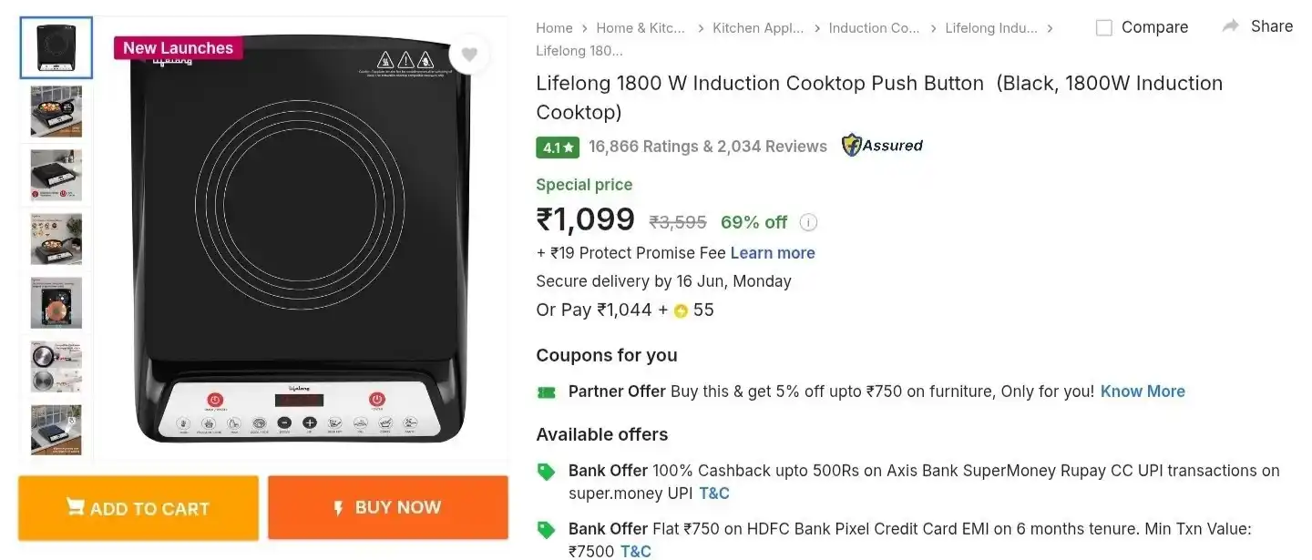 Image from LootDealsOffers | Online Shopping deals 🛍️ Cashback: 🔥Lifelong 1800W Induction at ₹1099 👉https://cutt.ly/LrQnA5Dw Sansu...