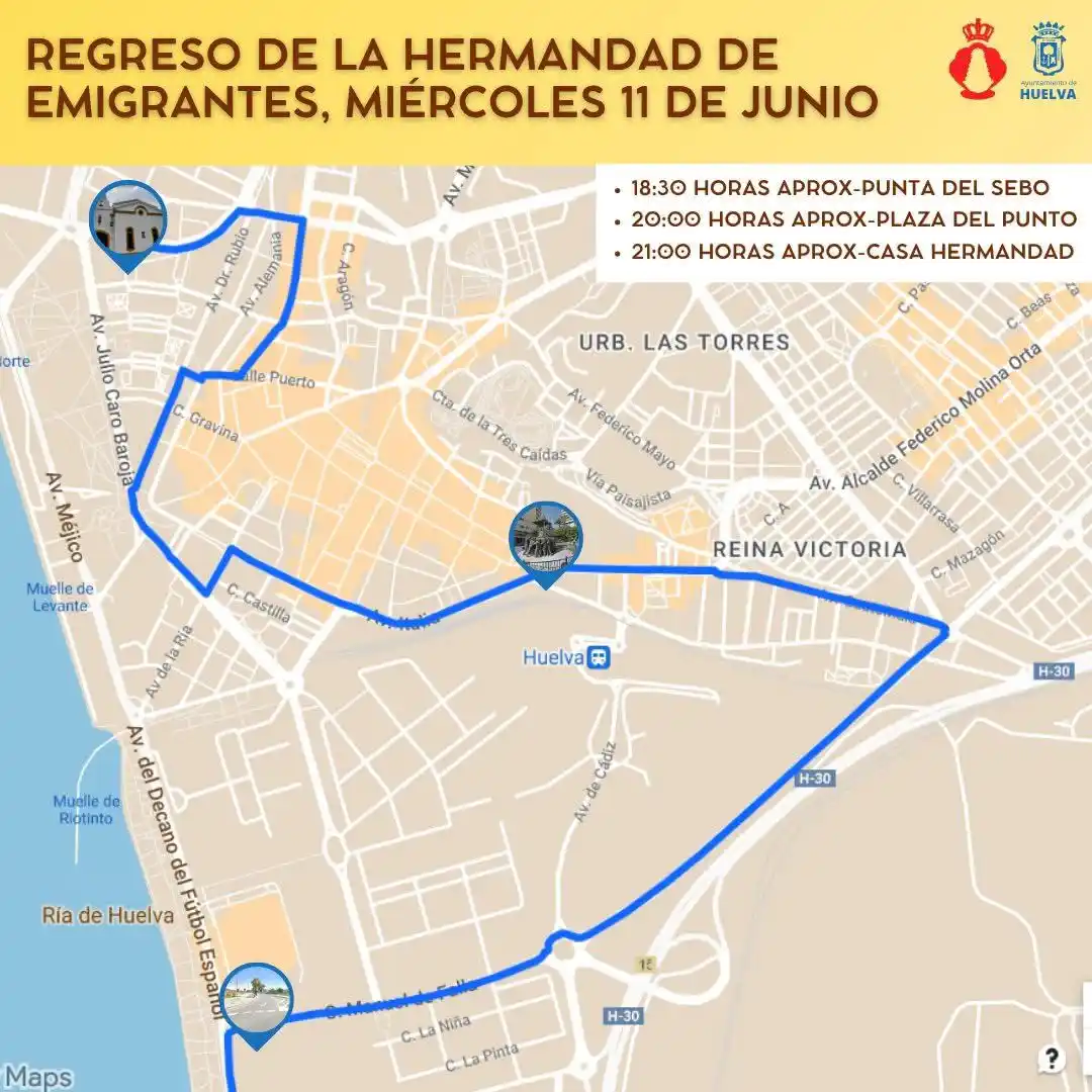 Image from Ayuntamiento de Huelva : 📣 Os facilitamos itinerario del recorrido que realizará la Real Hdad....