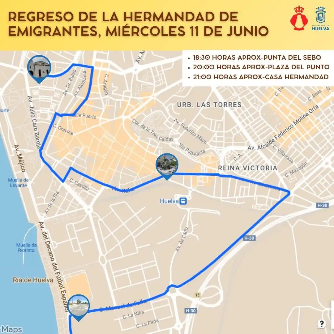 Image from Ayuntamiento de Huelva : 🟦Recordamos el itinerario del regreso de la Hermandad de Emigrantes p...