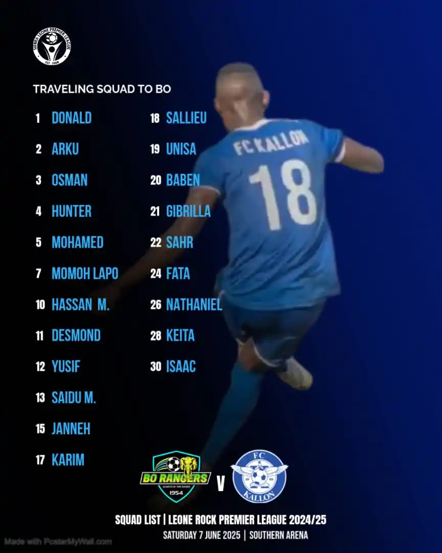 Image from Kallon Football Club: SQUAD LIST ⚪️ 🔵✊🏽 🅰️ 🏆 LRP League 2024/25 🆚 BO RANGERS 📅 SAT,...