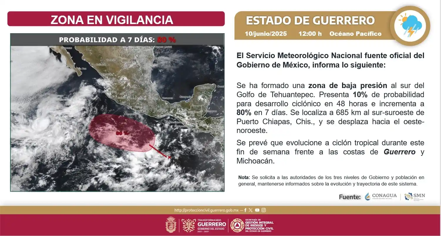 Image from Protección Civil Guerrero: 🌧️ ZONA DE BAJA PRESIÓN EN VIGILANCIA 🚨 Se ha formado una zona de b...