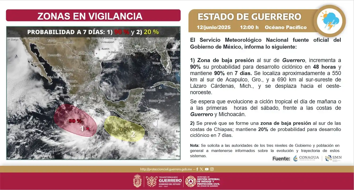 Image from Protección Civil Guerrero: 🚨ZONAS EN VIGILANCIA 📢 1) Zona de baja presión al sur de Guerrero,...