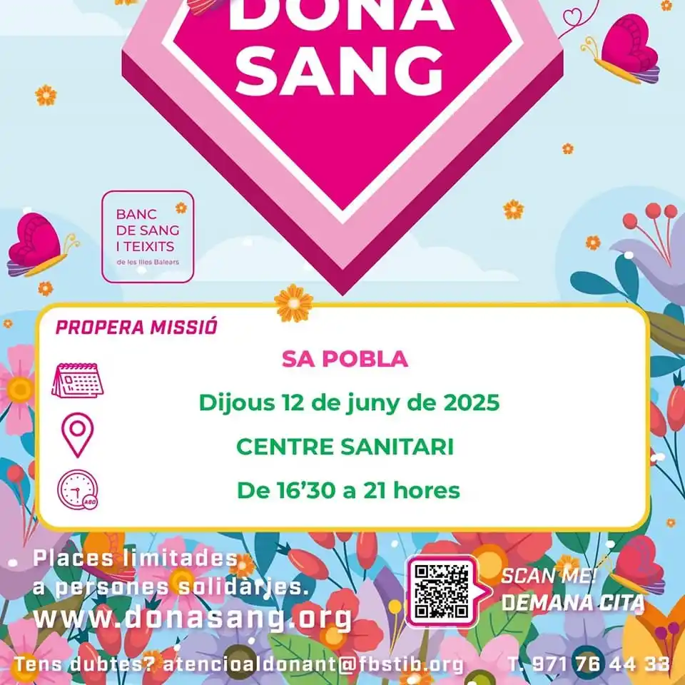 Image from Ajuntament de sa Pobla: 🩸 DONACIONS DE SANG A SA POBLA 🧐 👉🏻 SENSE NECESSITAT DE CITA PRÈV...