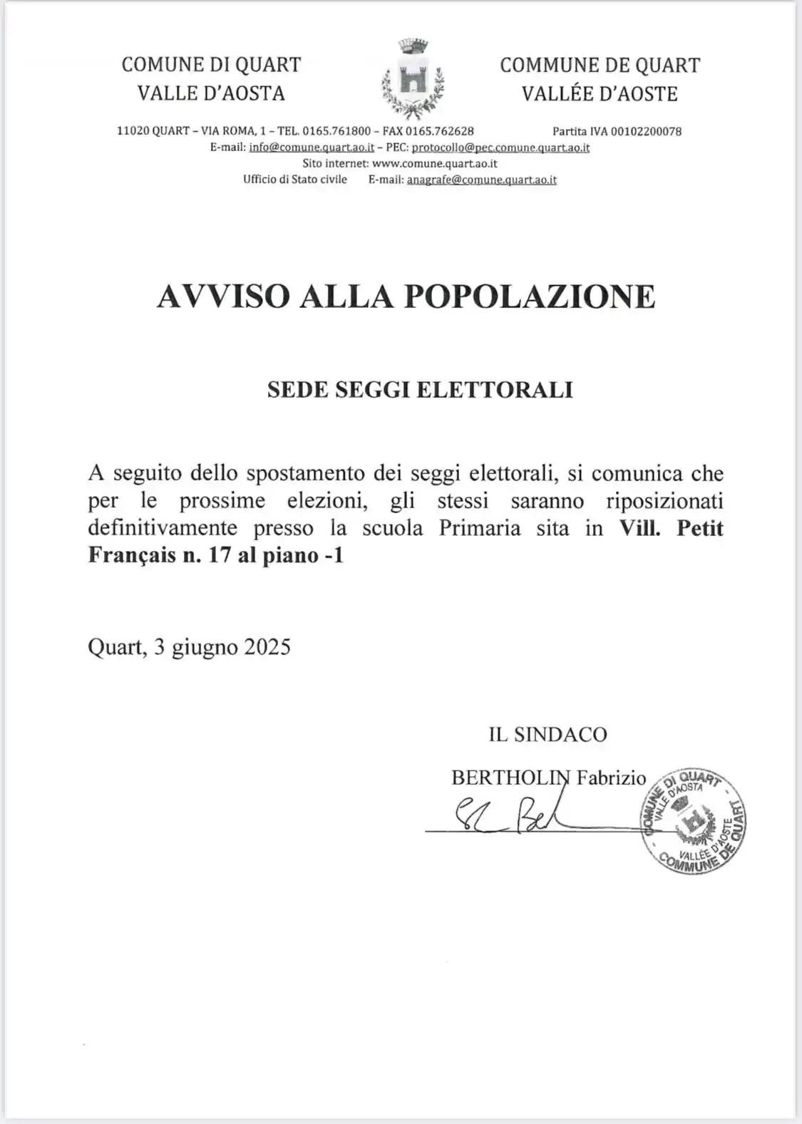 Info Comune di QUART post