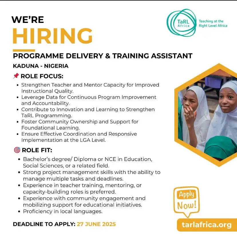 Image from Brain Storm Naija: TaRL Africa is hiring Programme Delivery and Training Assistants (7 po...