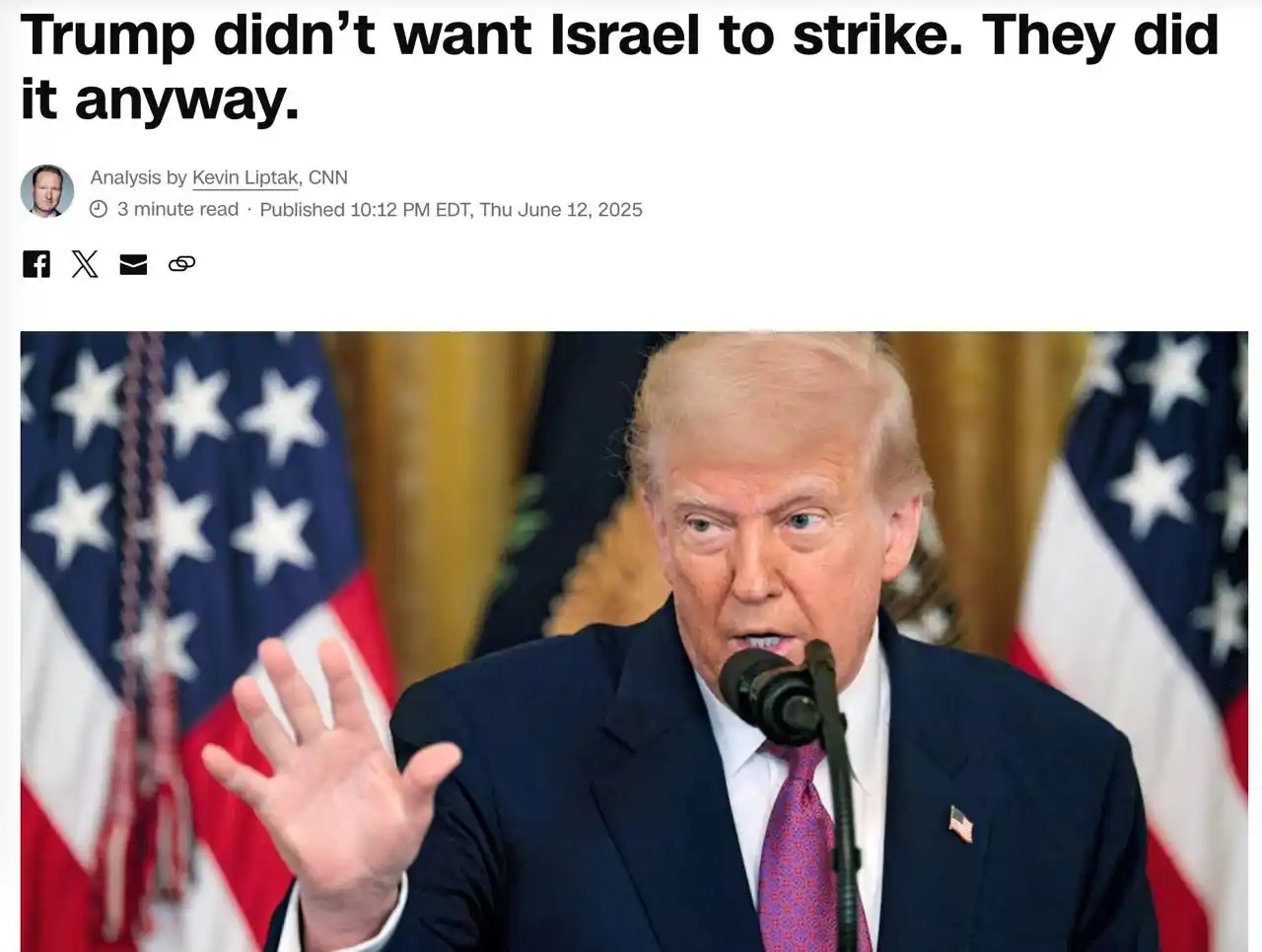 Image from Haqqin.az: 📰 *Трамп не хотел, чтобы Израиль наносил удар по Ирану* , — CNN со сс...