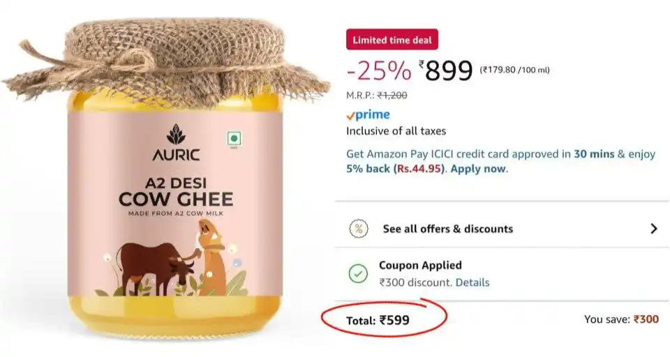 Image from ProLooterz Shopping Deals: Auric A2 Bilona Desi Cow Ghee 500 ml - Pure Brijwasi Ghee - Bilona Cur...