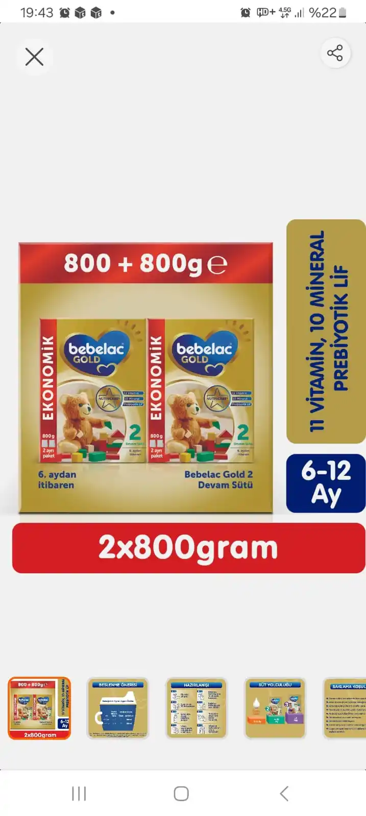 Image from Sıcak Fırsatlar: Bebelac Gold 2 Devam Sütü 1600 Gr (800 Gr + 800 Gr) 6-12 Ay BABAFIRSA...
