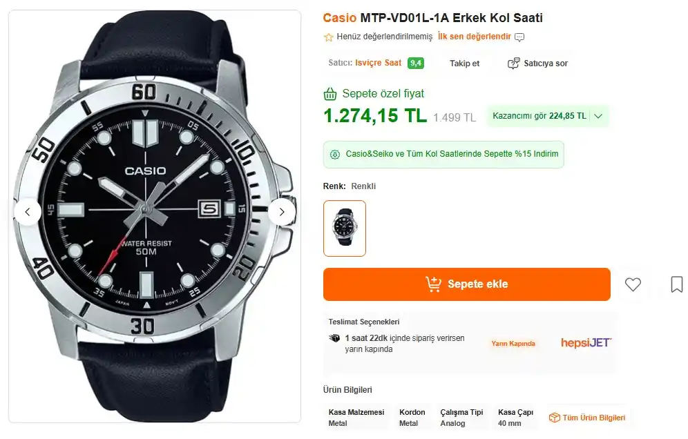 Image from Sıcak Fırsatlar: Casio MTP-VD01L-1A Erkek Kol Saati Sepette Kuponla 974 TL (Son 6 ayın...