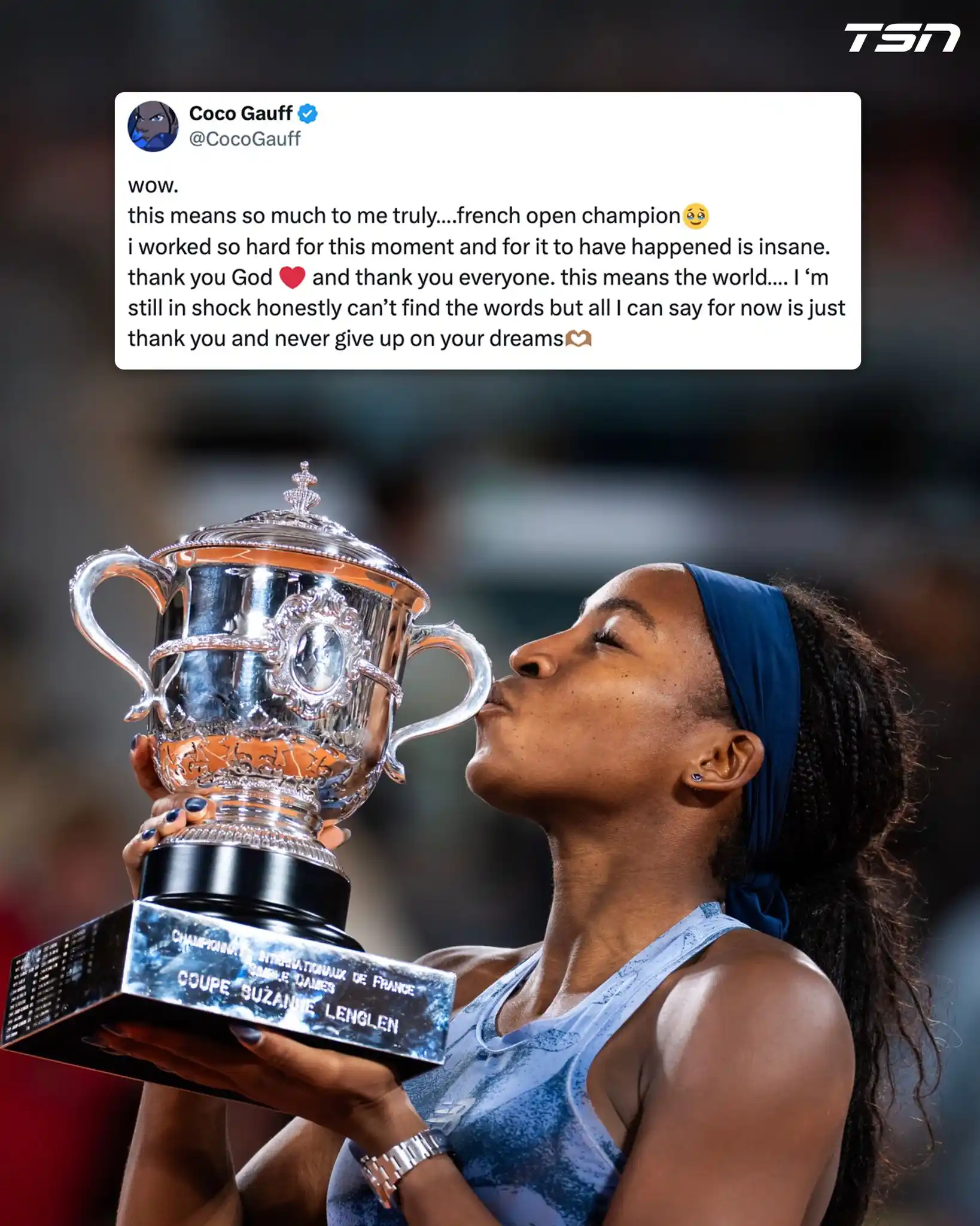 Image from TSN: Coco Gauff with a message after becoming the first American player to ...