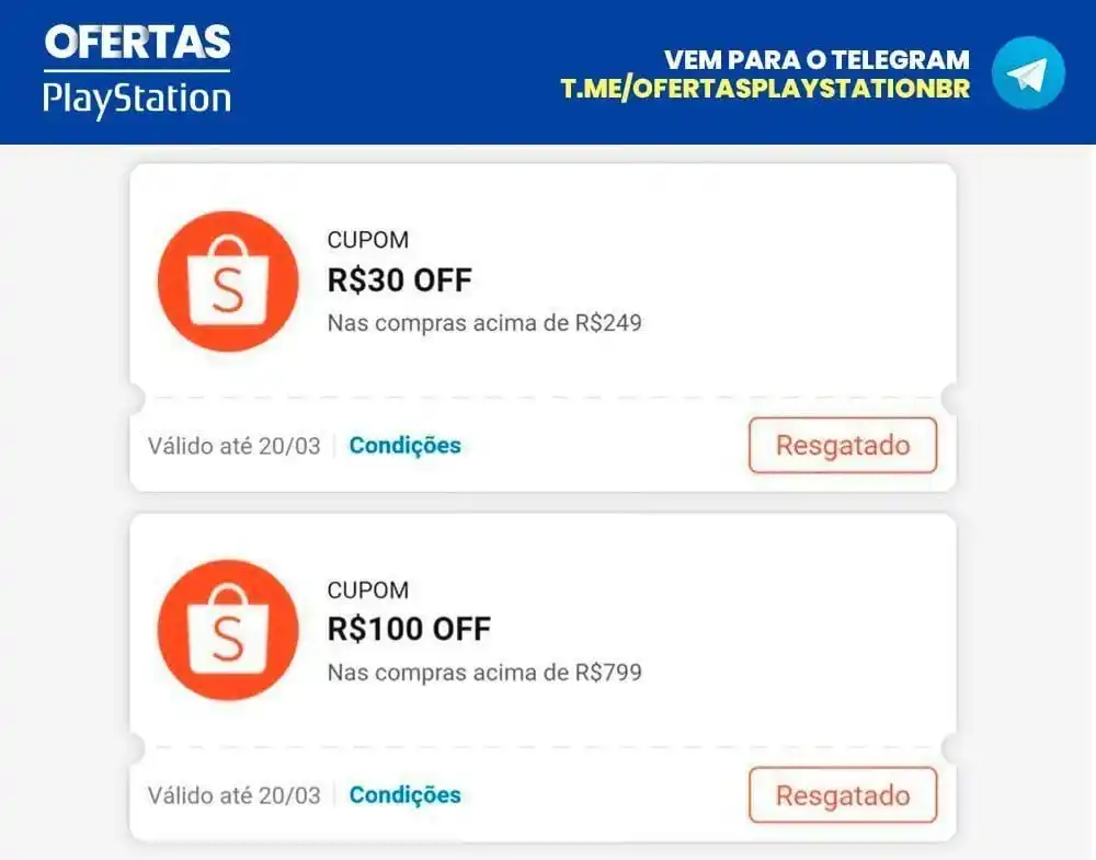 Image from Ofertas Playstation BR: *Cupons de R$30 + R$100* na Shopee🇧🇷 Quinta é dia de resgatar o cup...