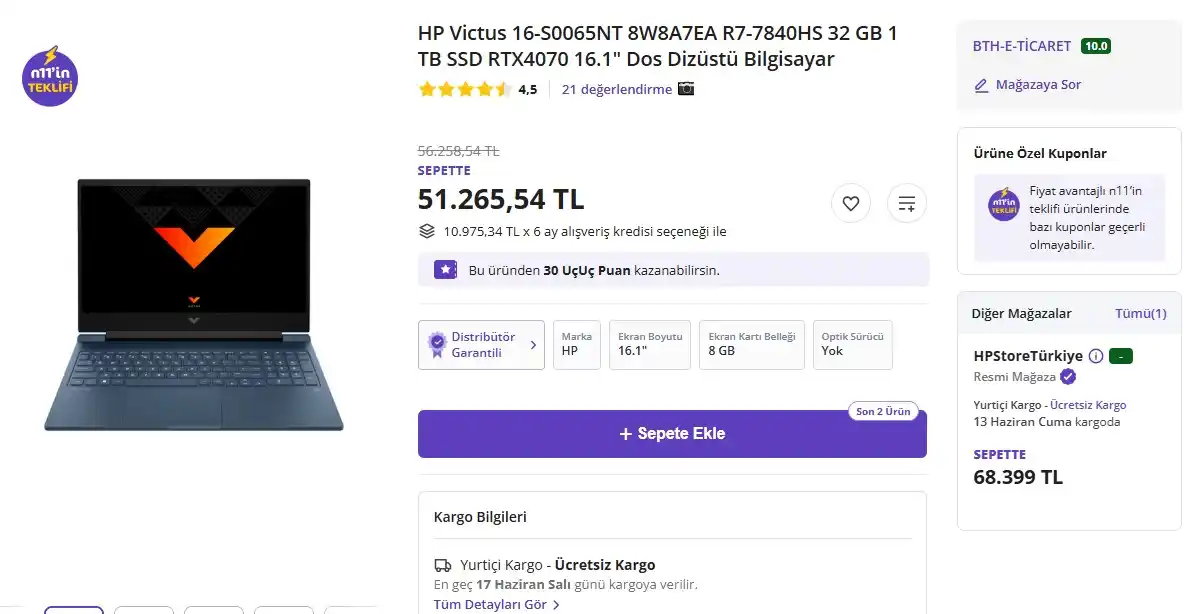 Image from Sıcak Fırsatlar: HP Victus 16-S0065NT 8W8A7EA R7-7840HS 32 GB 1 TB SSD RTX4070 16.1" Do...