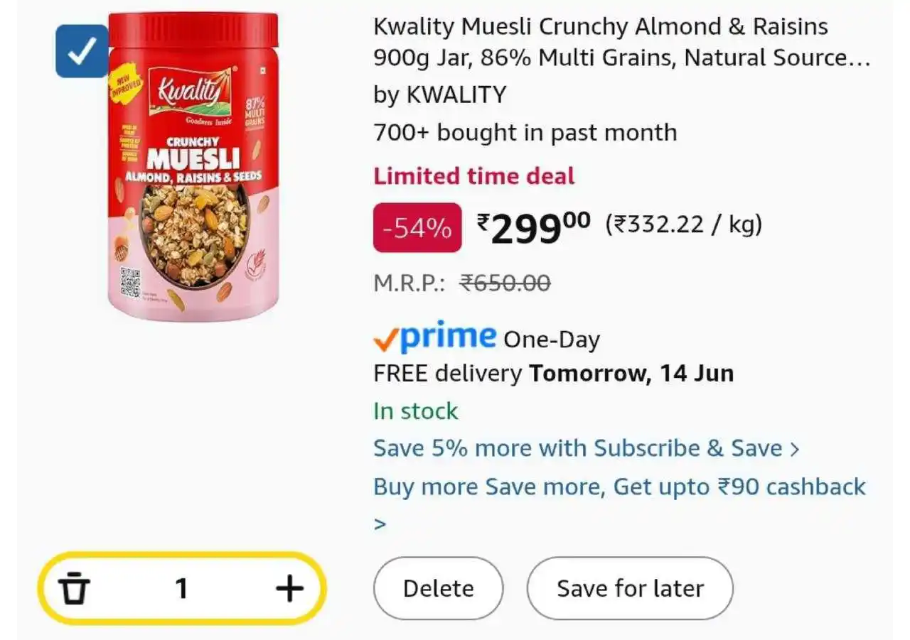 Image from ProLooterz Shopping Deals: Kwality Muesli Crunchy Almond & Raisins 900g Jar, 86% Multi Grains, Na...