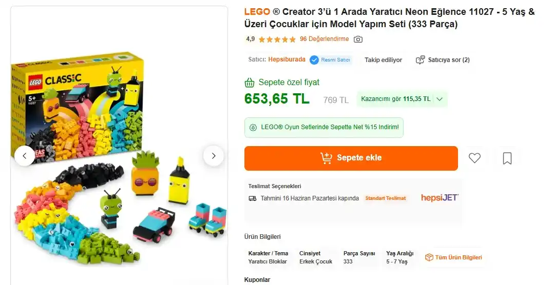 Image from Sıcak Fırsatlar: LEGO ® Creator 3’ü 1 Arada Yaratıcı Neon Eğlence 11027 - 5 Yaş & Üzeri...