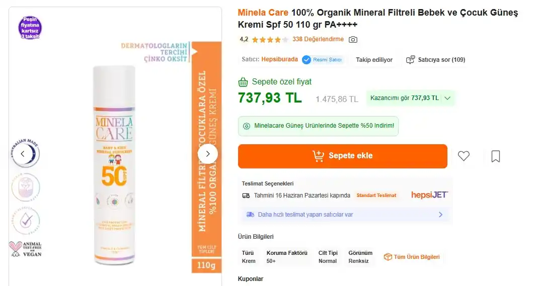 Image from Sıcak Fırsatlar: Minela Care 100% Organik Mineral Filtreli Bebek ve Çocuk Güneş Kremi S...