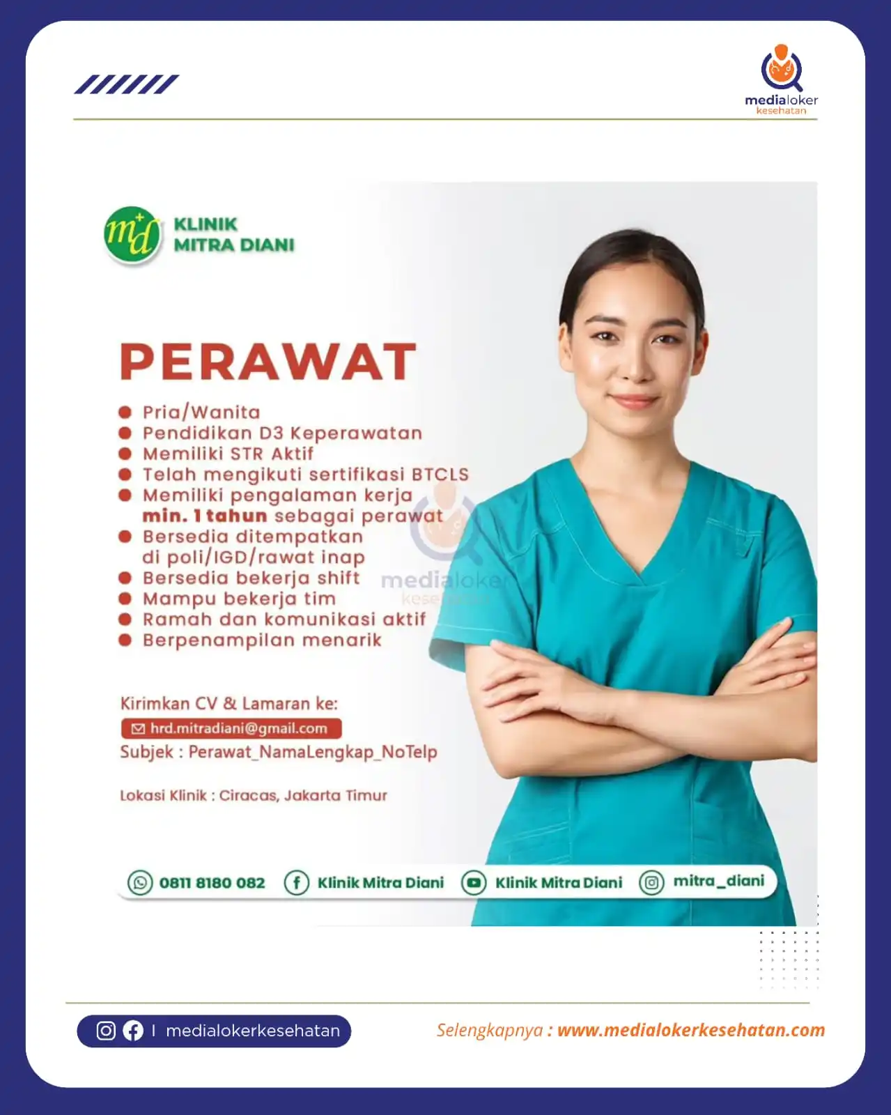 Image from MEDIA LOKER KESEHATAN: *Open Rekrutment PERAWAT di Klinik Mitra Diani, Jakarta Timur.* *Sumb...