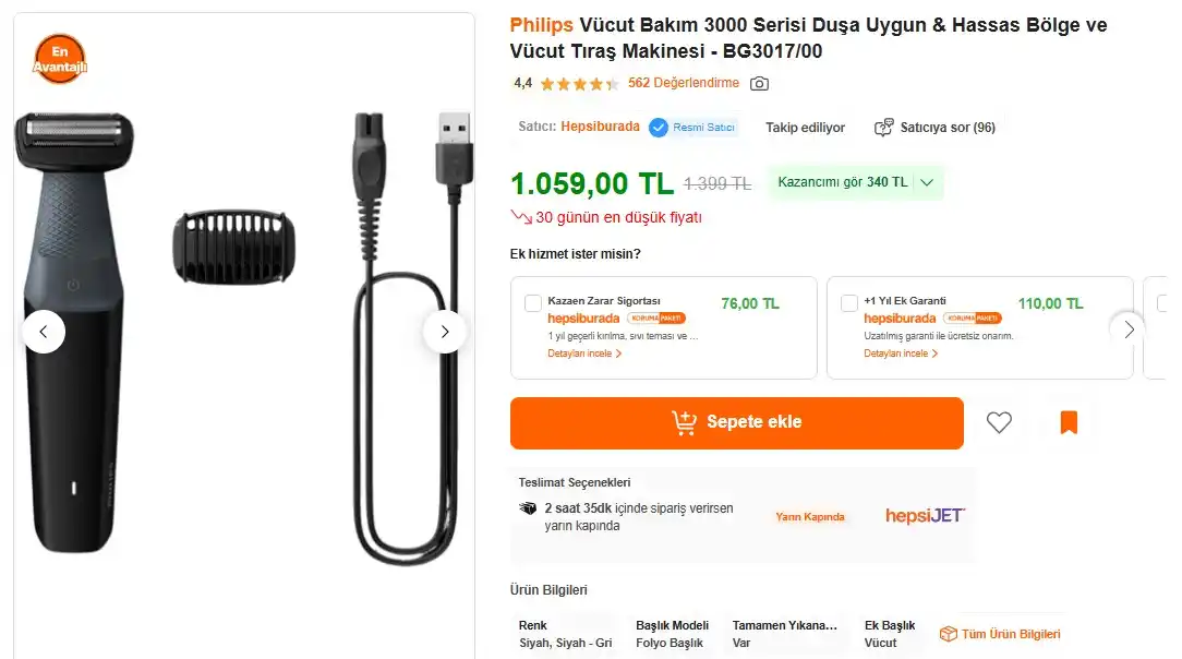 Image from Sıcak Fırsatlar: Philips Vücut Bakım 3000 Serisi Duşa Uygun & Hassas Bölge ve Vücut Tır...