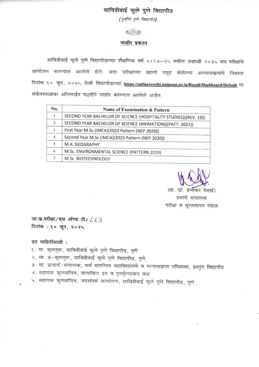 Image from SPPU Exam Update - Mr Akshay Bale: Result Declared - 10/06/2025   SY Bsc (HS) SY Bsc (Animation) MA Geogr...