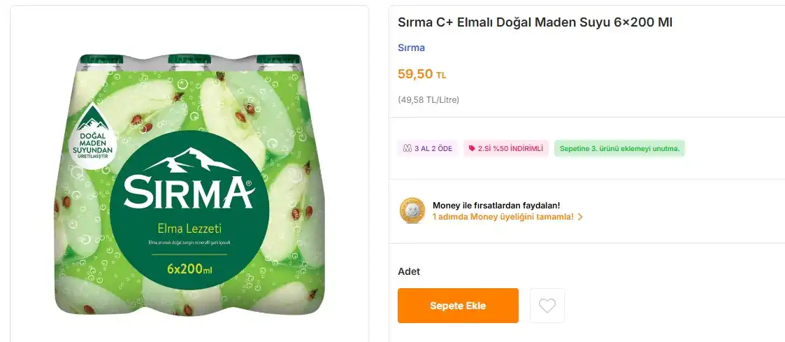 Image from Sıcak Fırsatlar: Sırma C+ Elmalı Doğal Maden Suyu 6x200 Ml 💵 3 Al 2 Öde + 2. si %50 i...