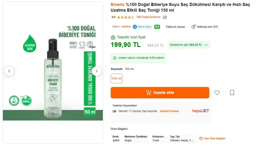 Image from Sıcak Fırsatlar: Siveno %100 Doğal Biberiye Suyu Saç Dökülmesi Karşıtı ve Hızlı Sa...