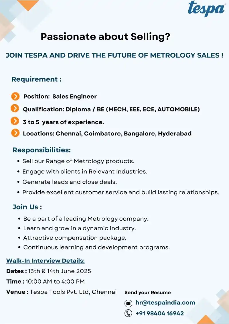Image from Bengaluru Jobs & Careers: 🔧 We’re Hiring: Sales & Service Engineers 📍 Chennai | Coimbatore |...
