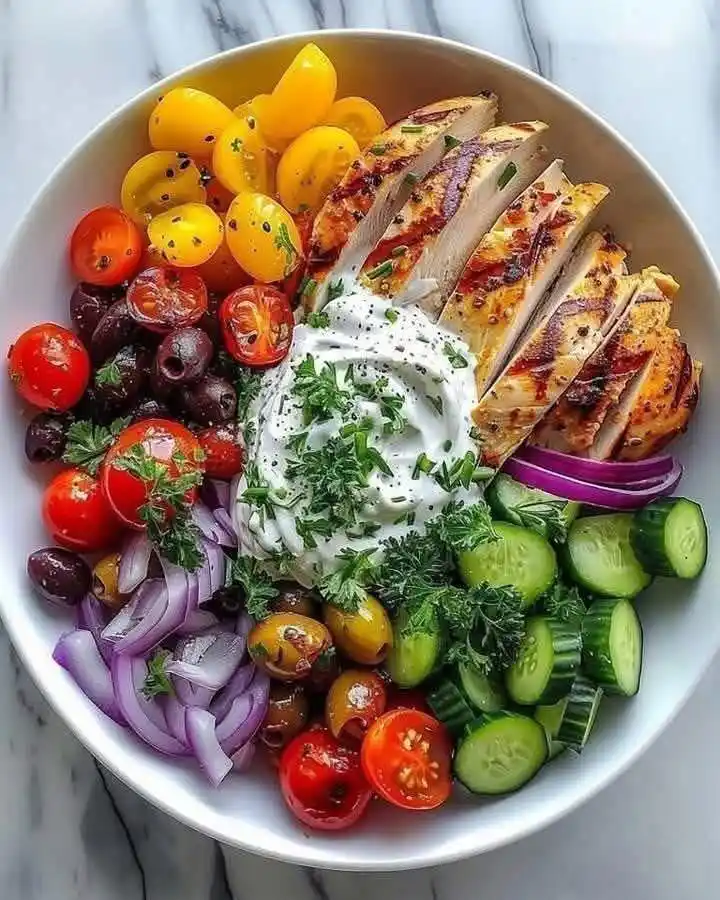 Image from Cooking And Baking Recipes Zim: Mediterranean Chicken Salad Bowl 🥗🍗 Ingredients: Grilled chicken b...