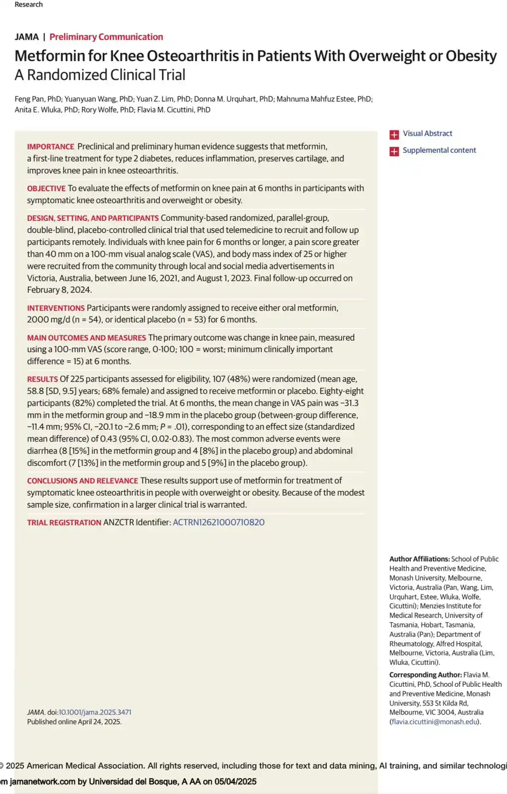 Image from Medicina Basada En Evidencia⚕️: ¿Metformina para el dolor de rodilla? 🦵🏼 Objetivo del estudio Eval...