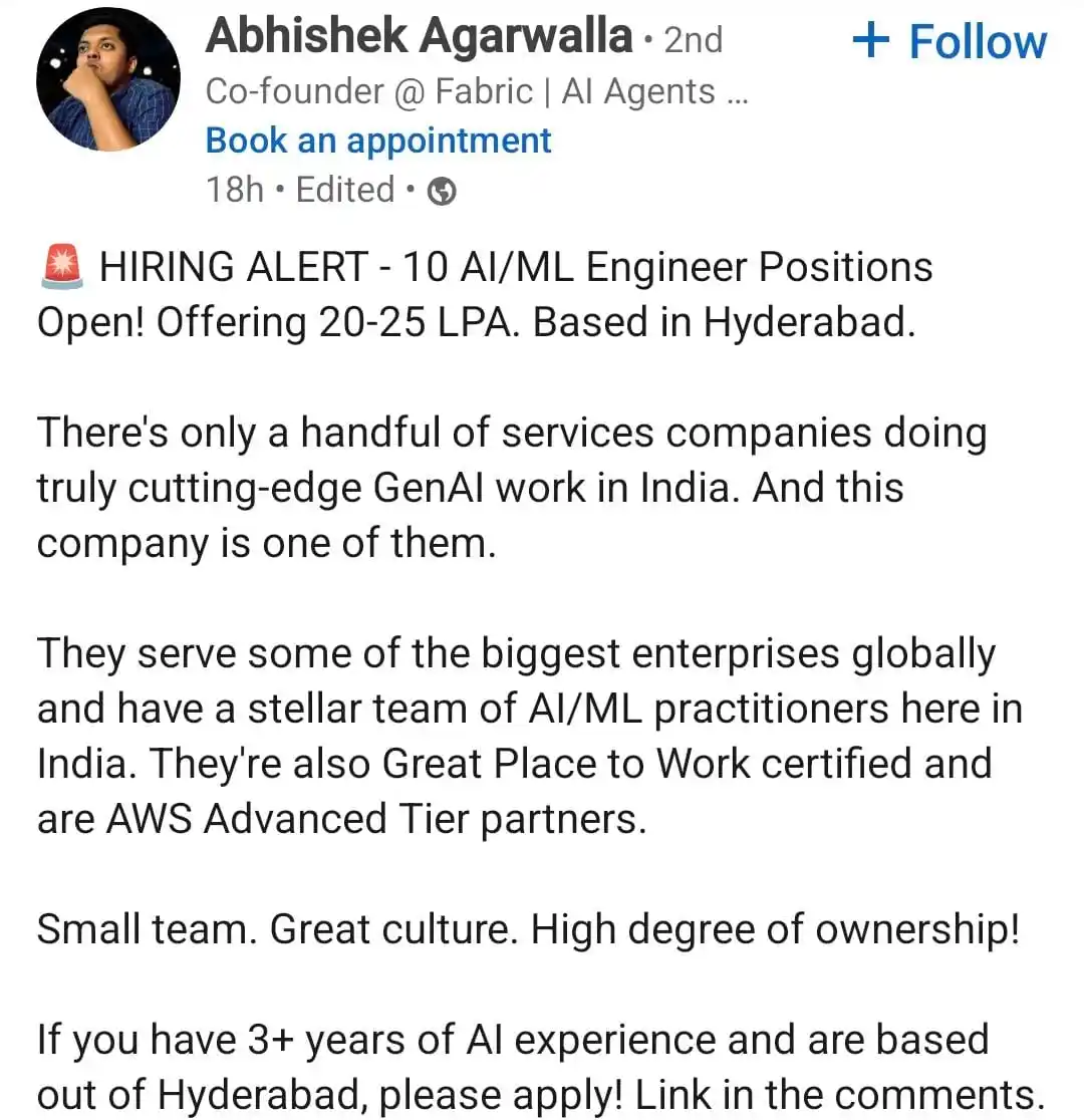 Image from Raghavan P ✅️: *AI/ML engineer* hiring at Hyderabad   3+ experience required   https:...