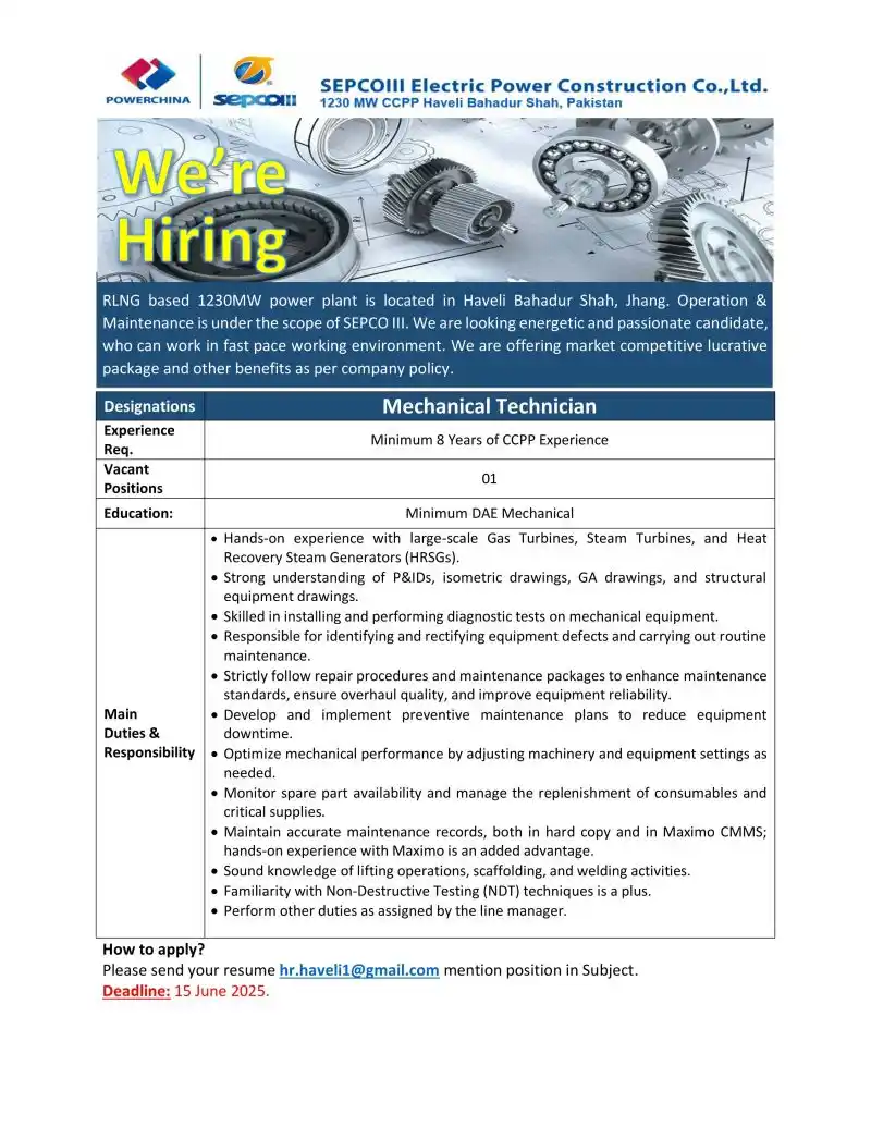 Image from Jobs & Energy News - Gulf & EU (Onshore,Offshore,Oil&Gas,Refinery,Petrochemical,PowerPlant): Hiring MECHANICAL TECHNICIAN to join our dynamic Maintenance Team at 1...