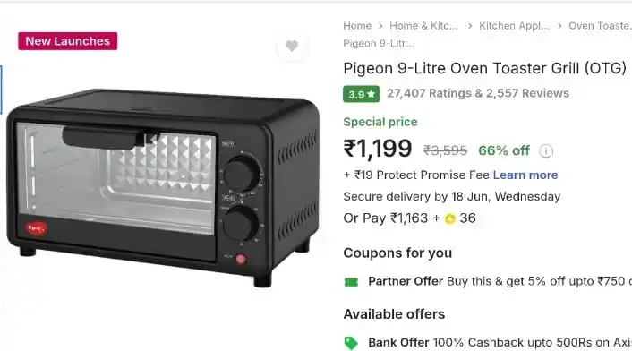 Image from OFFER GURUJI: *LOWEST PRICE EVER:* Pigeon 9-Litre Oven Toaster Grill (OTG) @ *₹1,199...