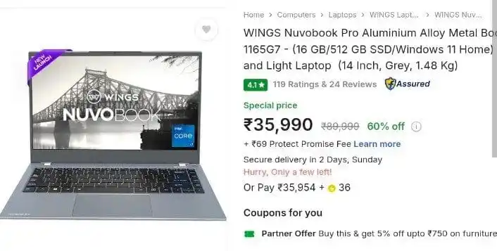 Image from OFFER GURUJI: *LOWEST PRICE:* WINGS Nuvobook Pro, Intel Core i7 11th Gen 1165G7 - (1...