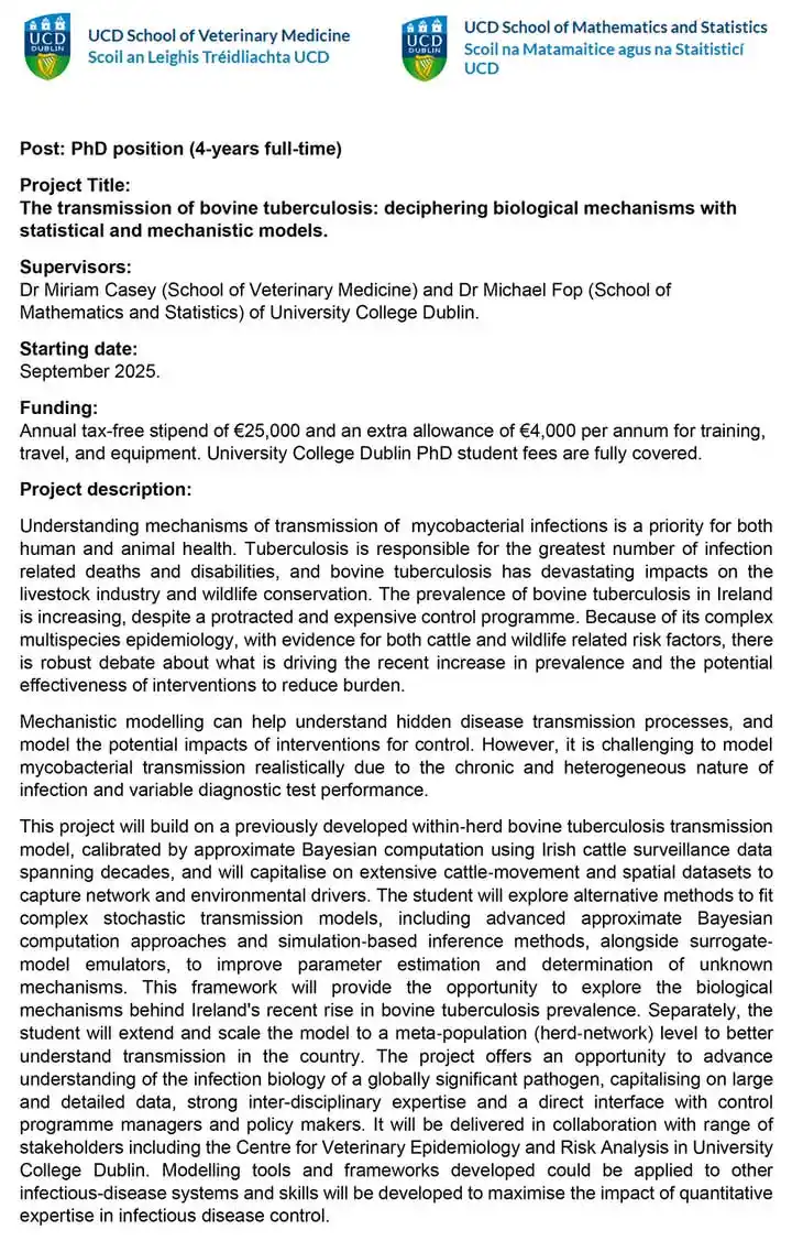 Image from World Scholarships 👩🏫 : *PhD opportunity in bTB modeling - "The transmission of bovine tubercu...