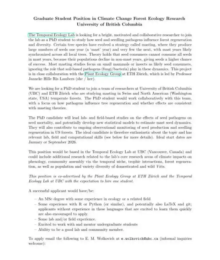 Image from World Scholarships 👩🏫 : *PhD Position in Forest Ecology at The University of British Columbia*...