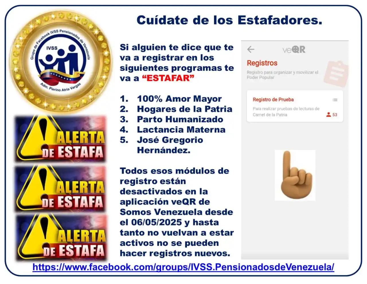 Image from Canal IVSS Pensionados de Venezuela en WhatsApp (Adm. Pierino Atria Vargas): ❇️ *Cuídate de los Estafadores!* 📌 Detalles en el Flyer. ❇️ Infórma...