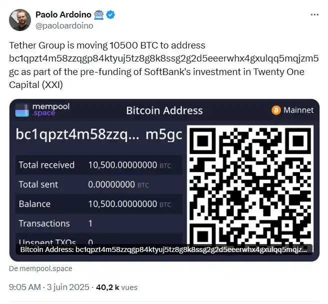 Image from ReussirCrypto: *TETHER TRANSFÈRE 3,9 MILLIARDS DE DOLLARS EN BTC VERS TWENTY ONE CAPI...