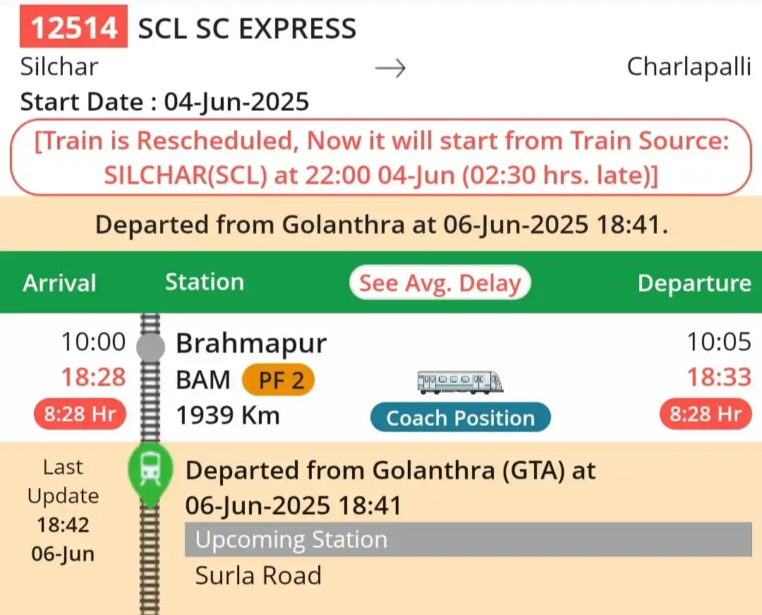 Image from Guntur Divisional Rail Users Association: Update No. 29/2025 dated 06.06.2025 *Train No. 12514 Silchar-Charlapa...