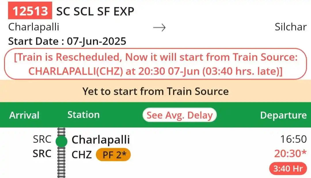 Image from Guntur Divisional Rail Users Association: Update No. 34/2025 dated 07.06.2025 *Train No. 12513 Charlapalli-Silc...