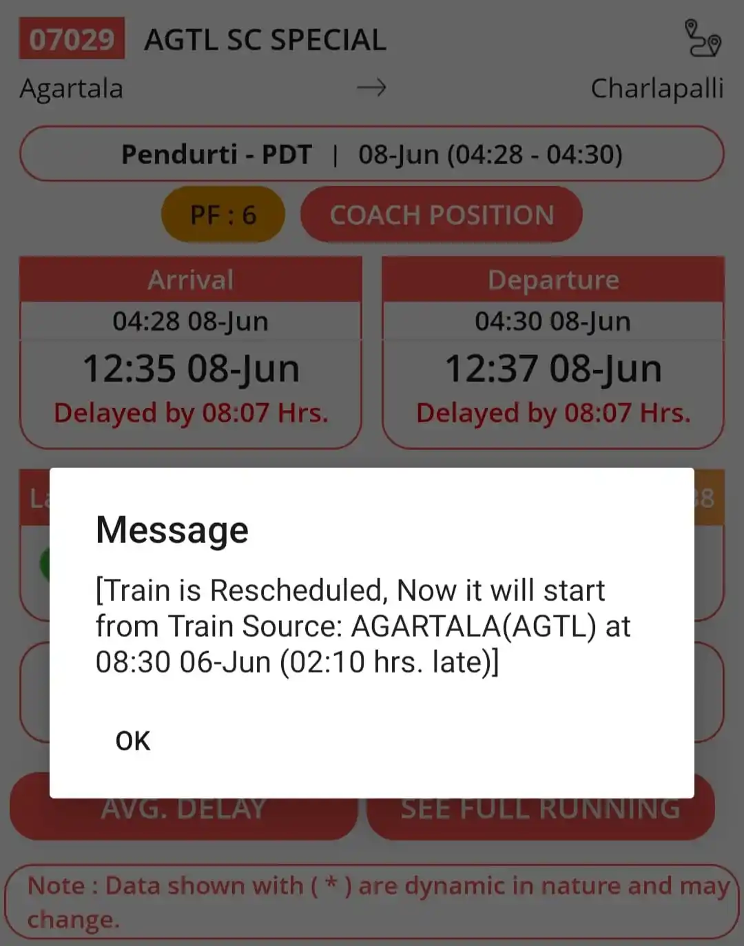 Image from Guntur Divisional Rail Users Association: Update No. 35/2025 dated 08.06.2025 *Train No. 07029 Agartala-Charlap...