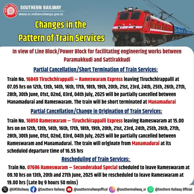 Image from Guntur Divisional Rail Users Association: Update No. 41/2025 dated 10.06 2025 Due to maintenance works, Train N...