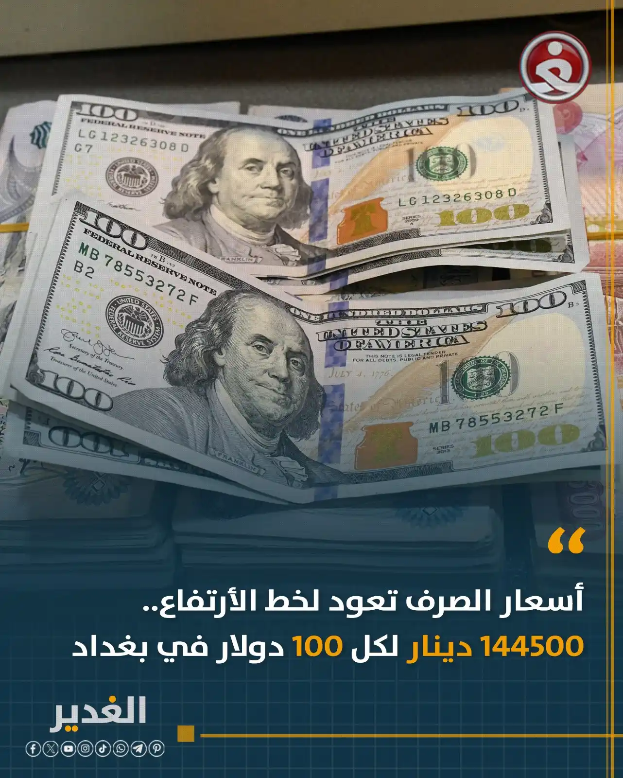 Image from قناة الغدير الفضائية: أسعار الصرف تعود لخط الأرتفاع.. 144500 دينار لكل 100 دولار في بغداد و...