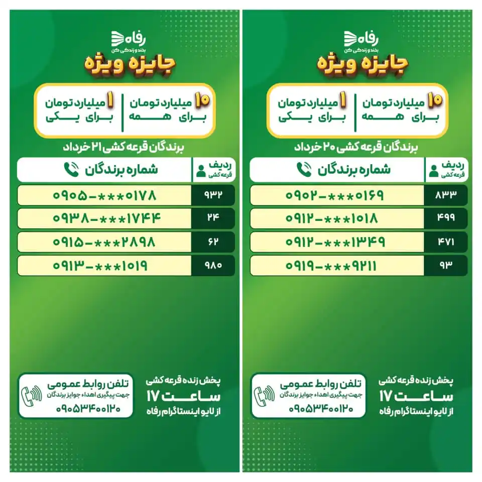Image from Refah | فروشگاه رفاه: 🎊 بخر، بخند، میلیاردر شو💵 ⚡️برندگان شصت و هشتمین و شصت و نهمین قرعه...